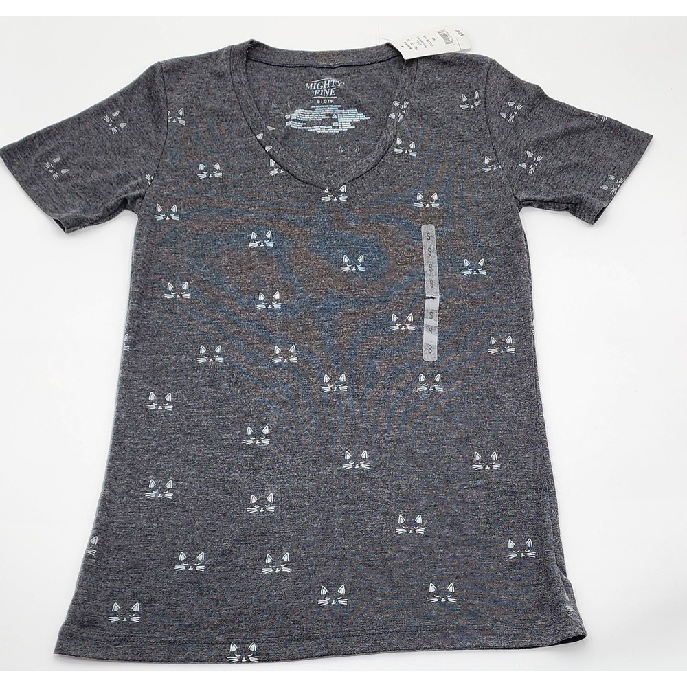 Mighty Fine Cat Print T-Shirt Womens Small Gray V-Neck Short Sleeve Tee NEW